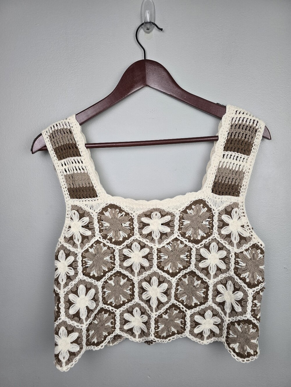 Floral Crochet Granny Square Crop Top Square Neckline Brown Women Sz S Festival